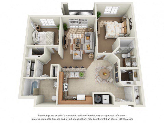 Floor plan for 2 beds, 2 baths, 1057 sqft